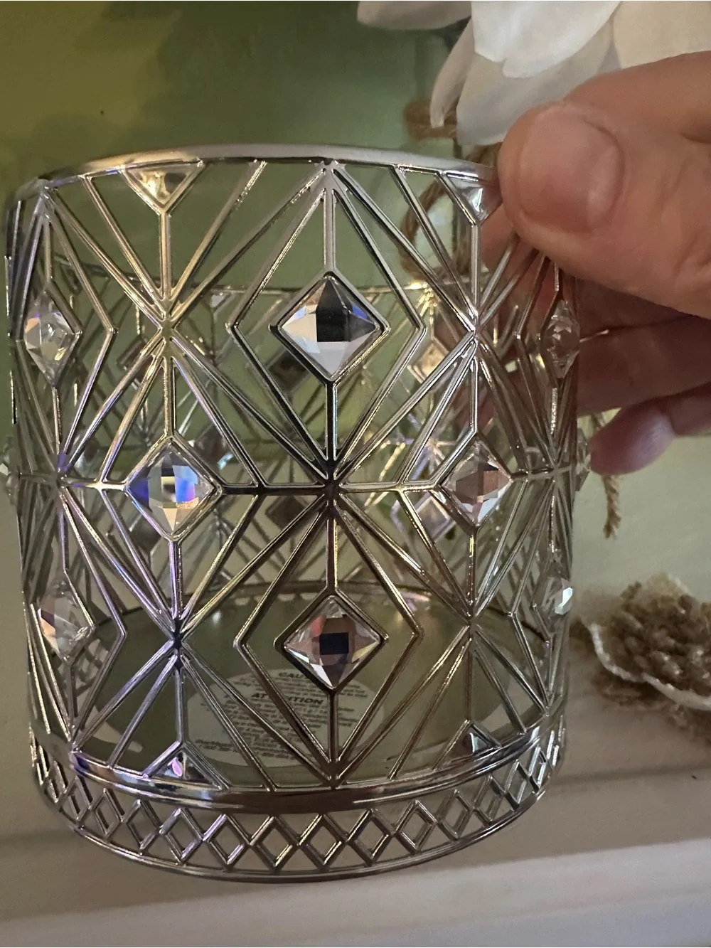 Silver Geometric Metal Candle Holder W/ glitzy diamonds  for 3 Wick